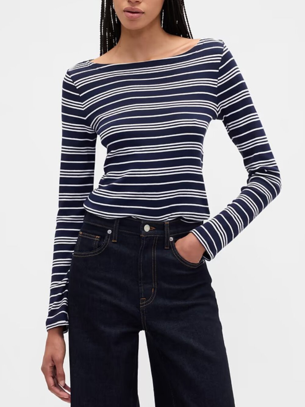 GAP Navy White Stripe Modern Ribbed Stripe Boatneck T-Shirt/NWT/XL